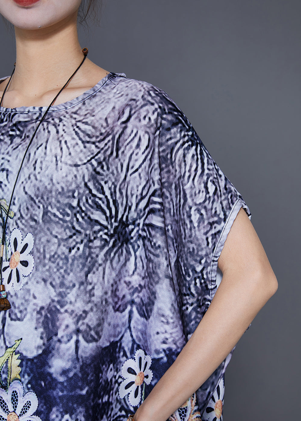 Classy Blue Oversized Print Silk Maxi Dress Batwing Sleeve Ada Fashion