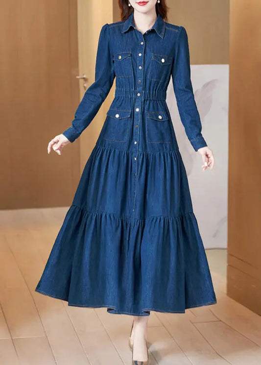 Classy Blue Peter Pan Collar Wrinkled Patchwork Denim Dress Long Sleeve Ada Fashion