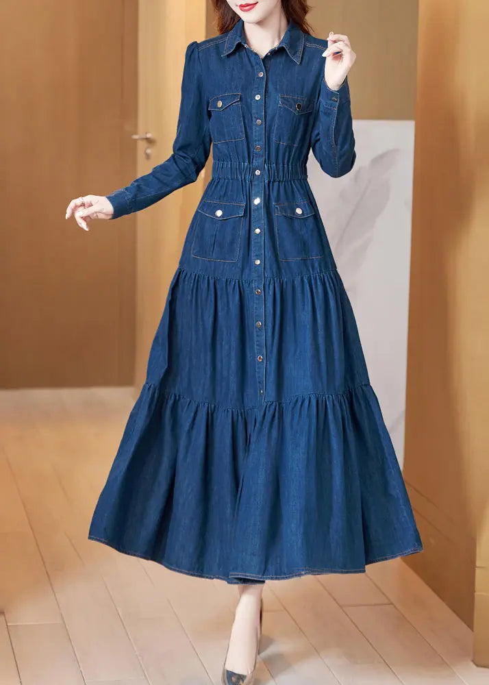 Classy Blue Peter Pan Collar Wrinkled Patchwork Denim Dress Long Sleeve Ada Fashion