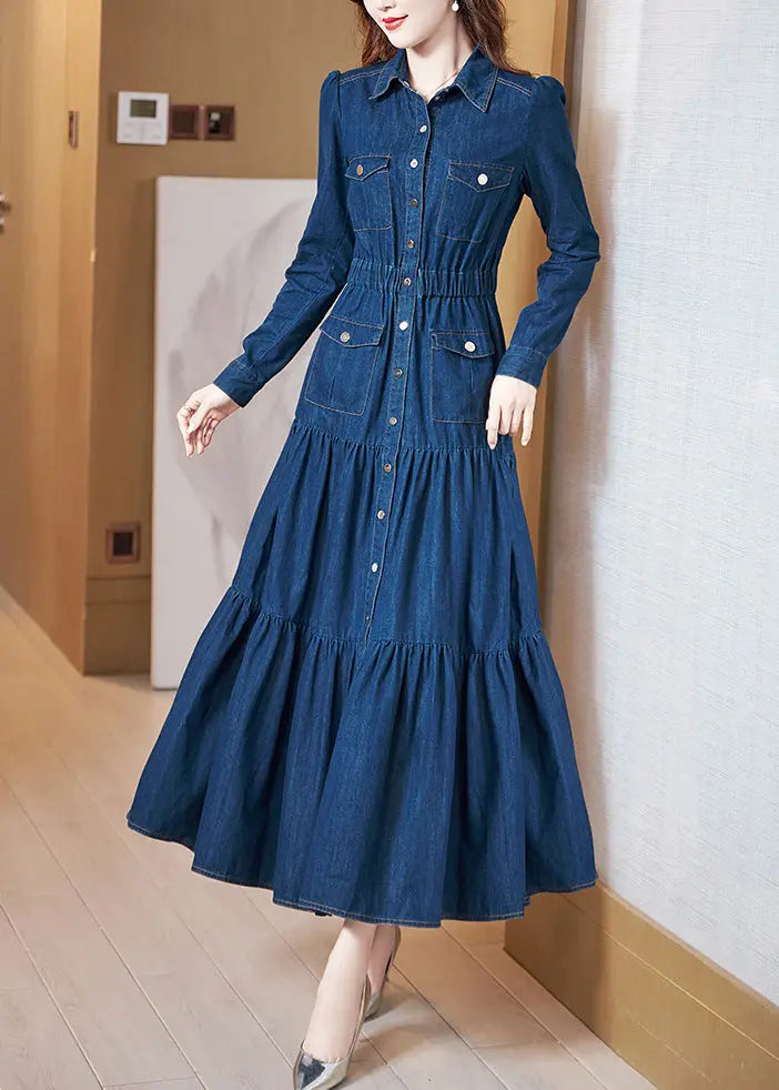 Classy Blue Peter Pan Collar Wrinkled Patchwork Denim Dress Long Sleeve Ada Fashion