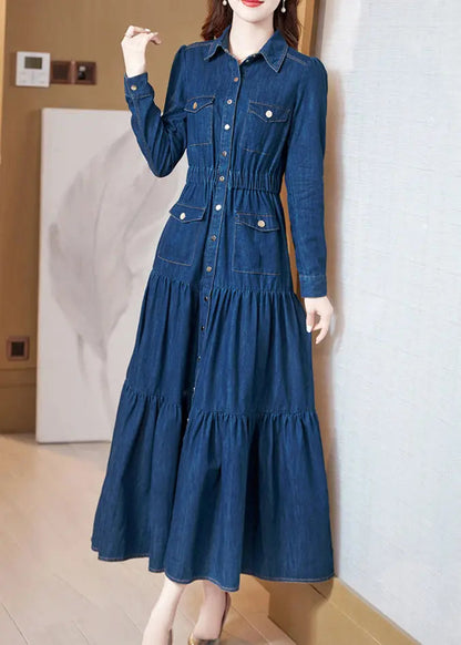 Classy Blue Peter Pan Collar Wrinkled Patchwork Denim Dress Long Sleeve Ada Fashion