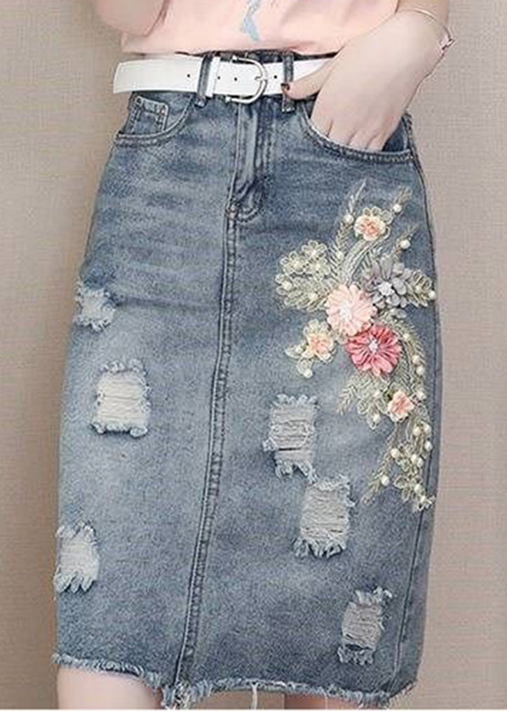 Classy Blue Pockets Nail Bead Hole Sashes Denim Skirts Summe TY1071 - fabuloryshop