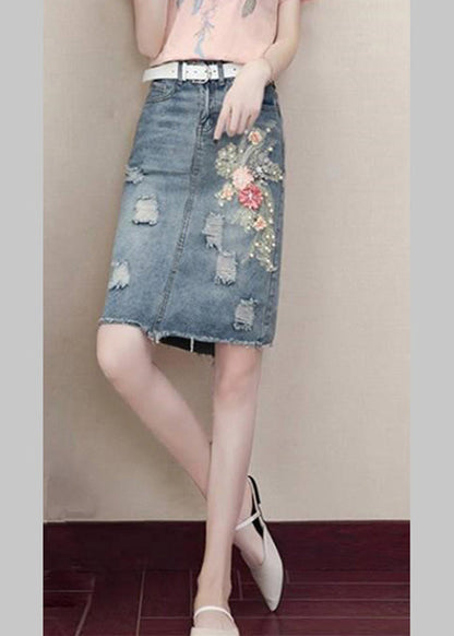 Classy Blue Pockets Nail Bead Hole Sashes Denim Skirts Summe TY1071 - fabuloryshop