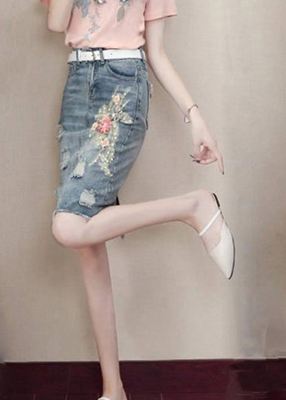 Classy Blue Pockets Nail Bead Hole Sashes Denim Skirts Summe TY1071 - fabuloryshop