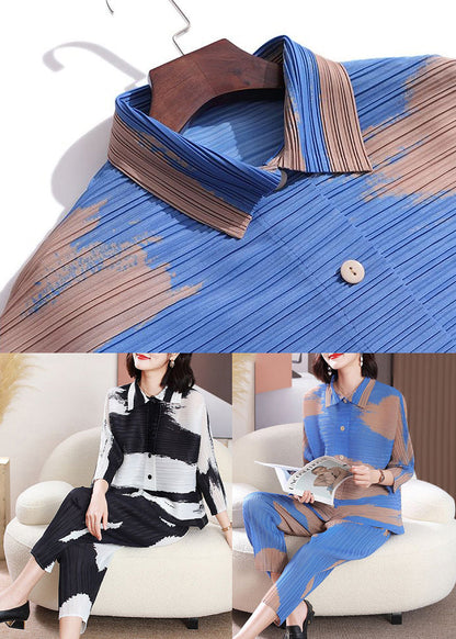 Classy Blue Print Oversized Wrinkled Tops And Pants Two-Piece Set Spring LY2776 - fabuloryshop