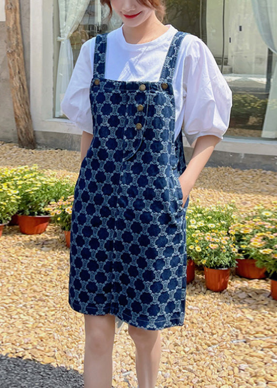 Classy Blue Print Patchwork Button Denim Mid Dress Summer TQ1012