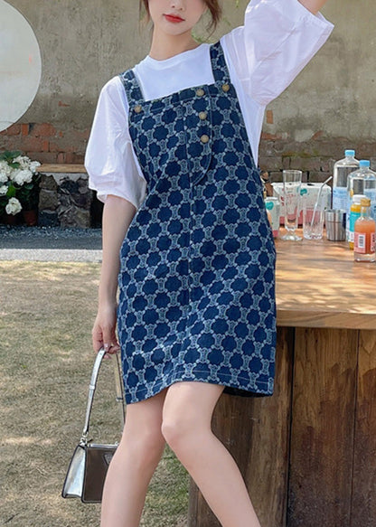 Classy Blue Print Patchwork Button Denim Mid Dress Summer Ada Fashion