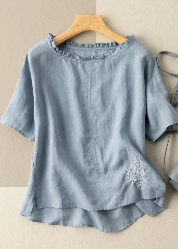 Classy Blue Ruffled Embroideried Patchwork Cotton T Shirts Tops Summer Ada Fashion