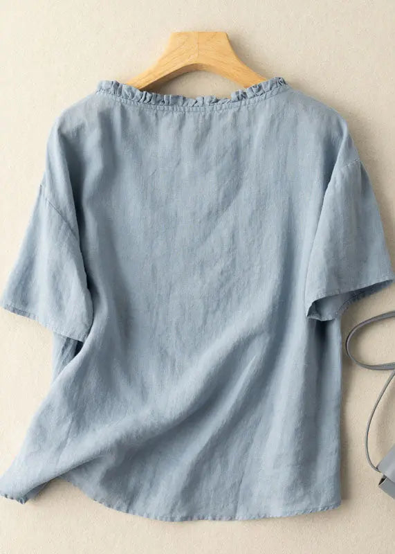 Classy Blue Ruffled Embroideried Patchwork Cotton T Shirts Tops Summer Ada Fashion