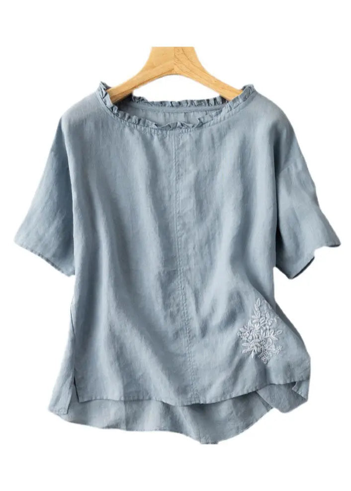 Classy Blue Ruffled Embroideried Patchwork Cotton T Shirts Tops Summer Ada Fashion