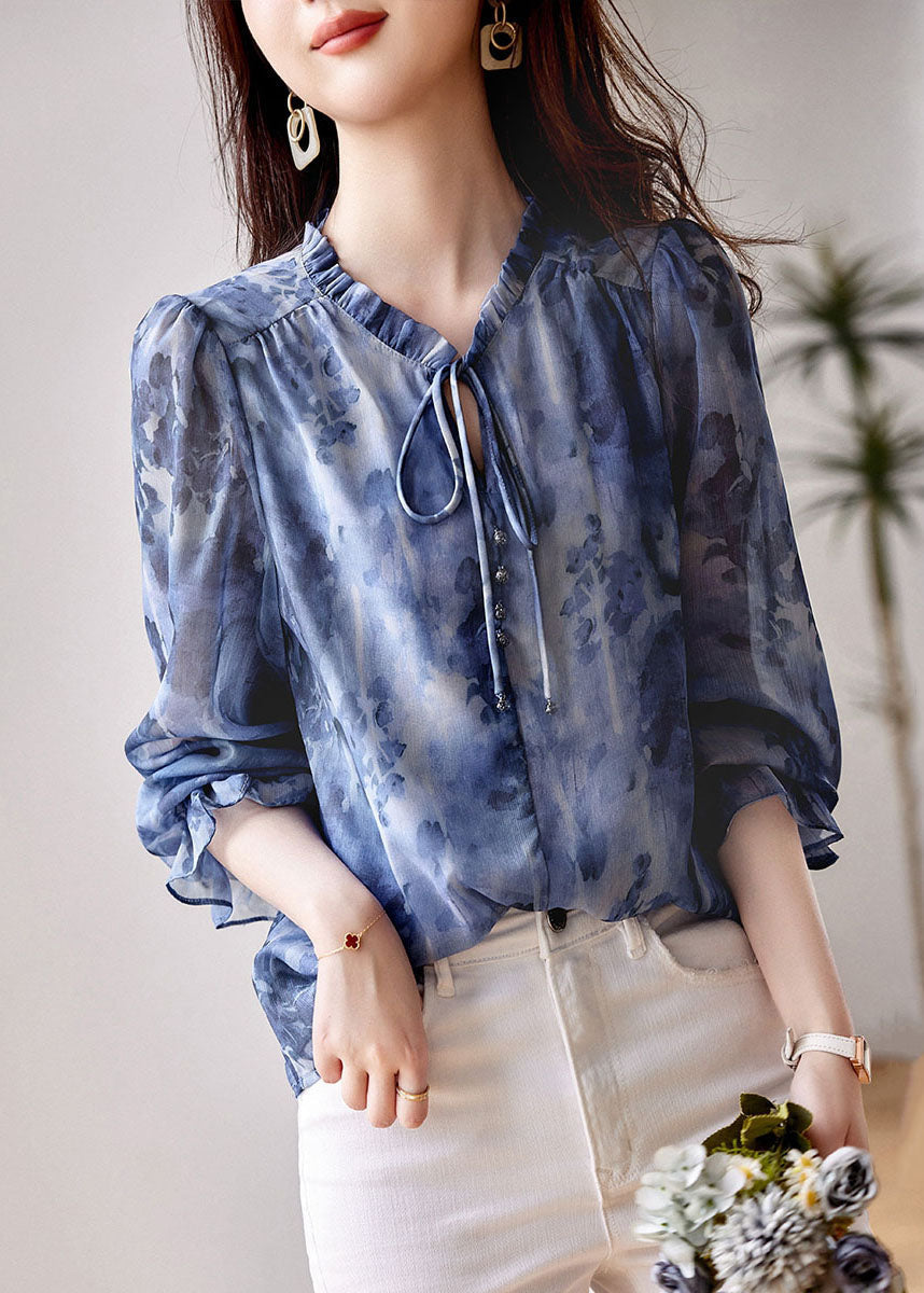 Classy Blue Ruffled Print Patchwork Chiffon Shirts Top Long Sleeve TP1038 - fabuloryshop