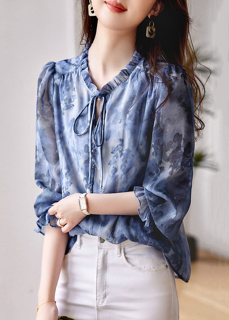 Classy Blue Ruffled Print Patchwork Chiffon Shirts Top Long Sleeve TP1038 - fabuloryshop