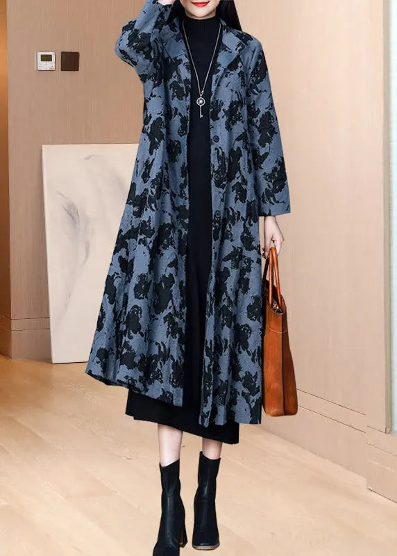 Classy Blue Stand Collar Jacquard Pockets Woolen Coat Fall Ada Fashion