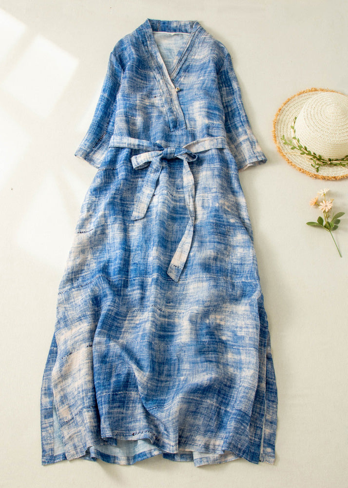 Classy Blue Tie Dye Side Open Tie Waist Linen Long Dresses Summer LY4492 - fabuloryshop