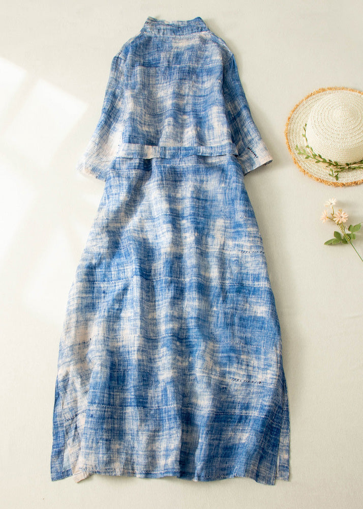 Classy Blue Tie Dye Side Open Tie Waist Linen Long Dresses Summer LY4492 - fabuloryshop