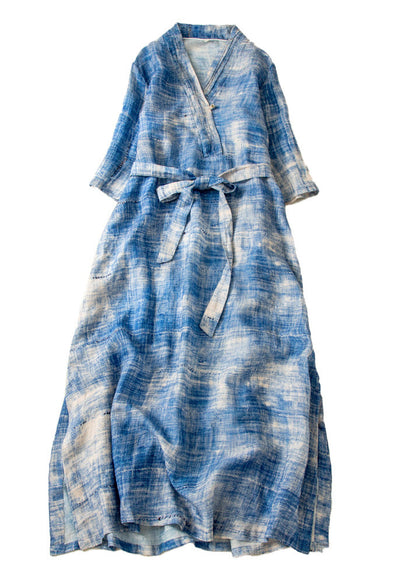 Classy Blue Tie Dye Side Open Tie Waist Linen Long Dresses Summer LY4492 - fabuloryshop