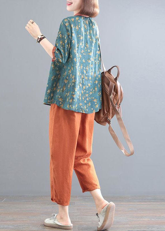 Classy Blue Tops And Orange Pants Linen Two Pieces Set Summer LY2916