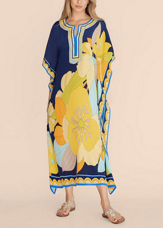 Classy Blue V Neck Print Side Open Long Beach Dress Summer LY3017 - fabuloryshop