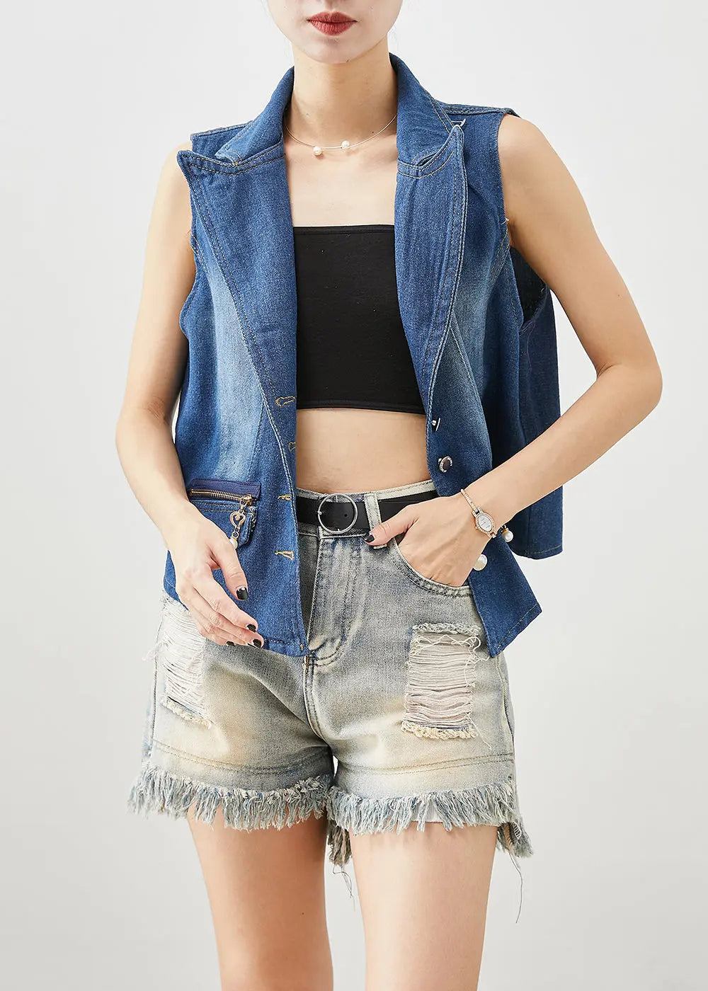 Classy Blue Zip Up Silm Fit Denim Vests Fall Ada Fashion