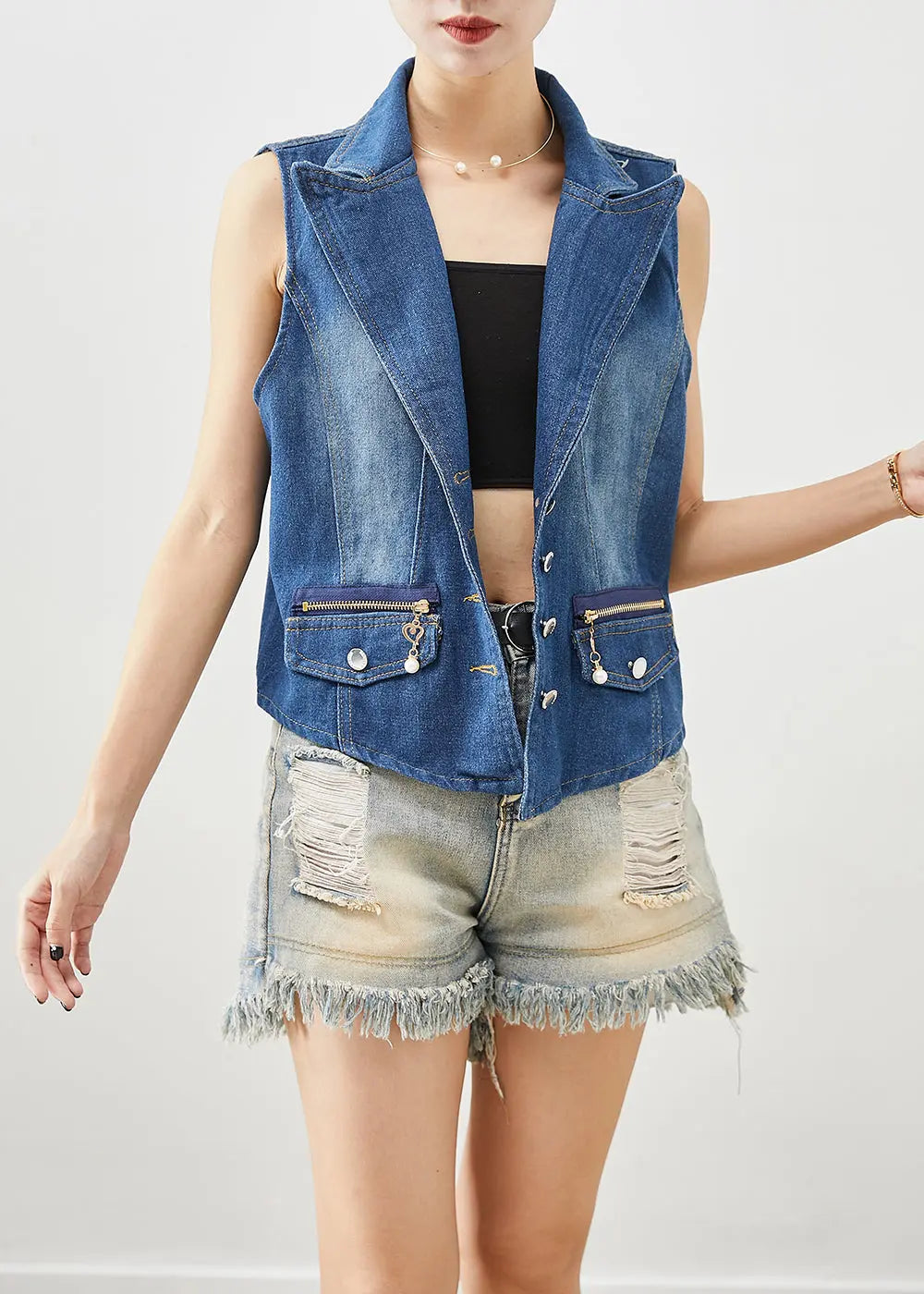 Classy Blue Zip Up Silm Fit Denim Vests Fall Ada Fashion