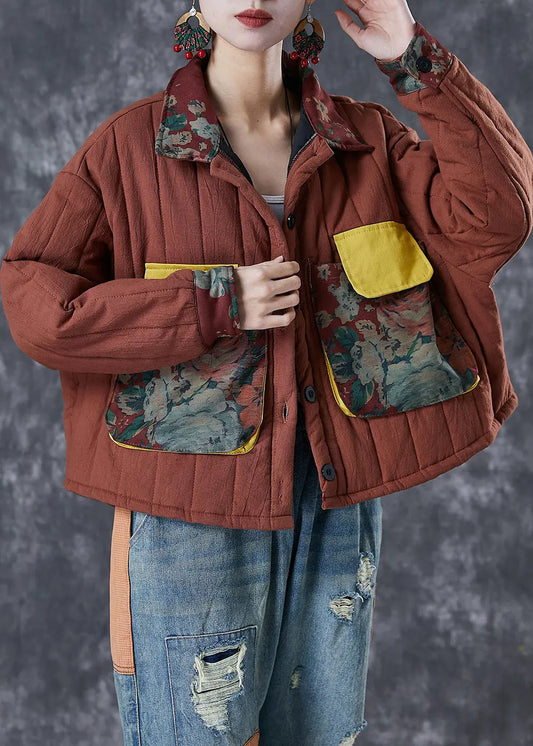 Classy Brick Red Oversized Patchwork Fine Cotton Filled Witner Coat Ada Fashion