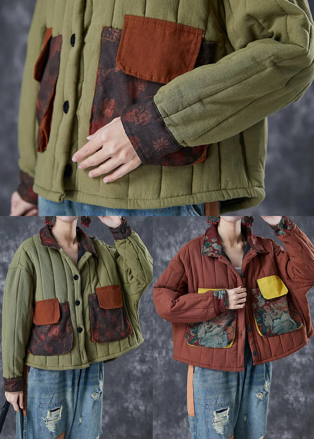 Classy Brick Red Oversized Patchwork Fine Cotton Filled Witner Coat Ada Fashion