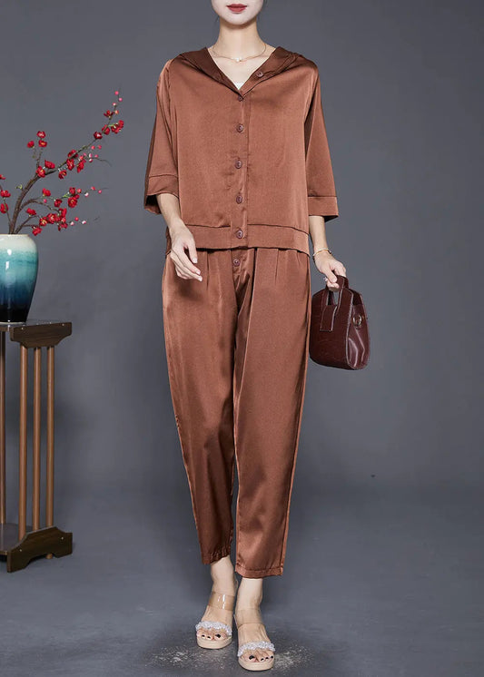 Classy Brown Hooded Button Down Silk Two Pieces Set Fall Ada Fashion