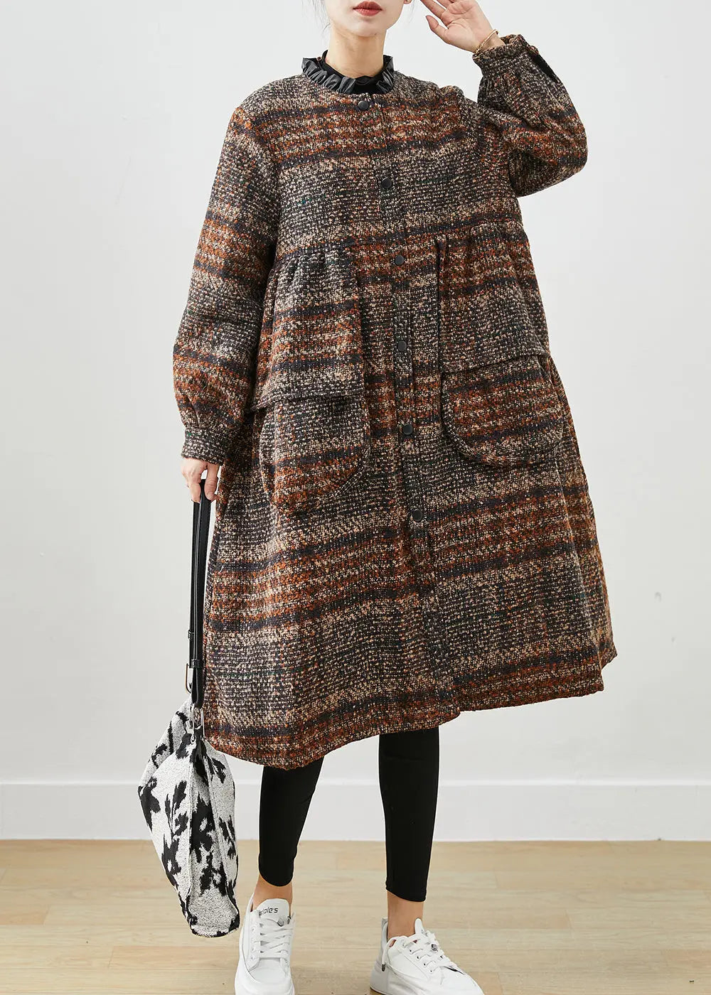 Classy Brown O-Neck Oversized Thick Woolen Coats Fall Ada Fashion