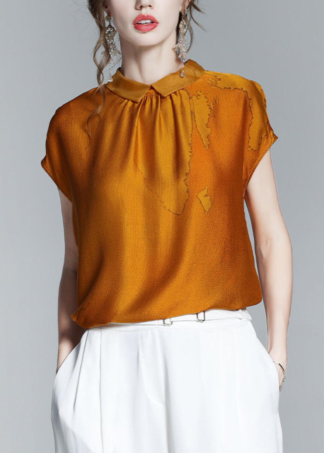 Classy Caramel Peter Pan Collar Print Silk T ShirtShort Sleeve LY0973 - fabuloryshop