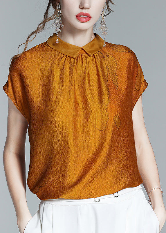 Classy Caramel Peter Pan Collar Print Silk T ShirtShort Sleeve LY0973 - fabuloryshop