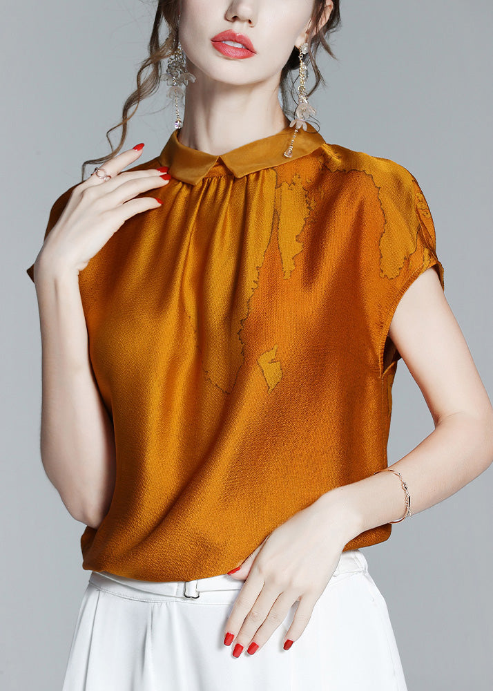 Classy Caramel Peter Pan Collar Print Silk T ShirtShort Sleeve LY0973 - fabuloryshop