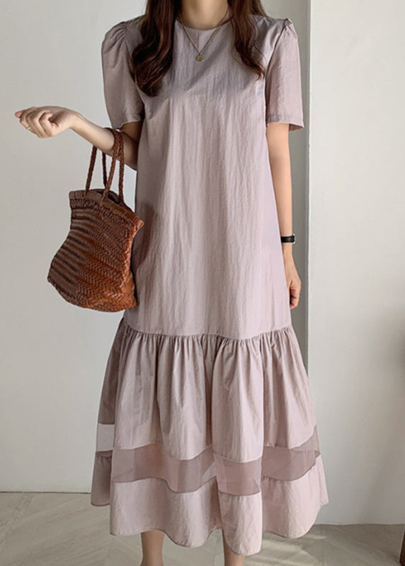 Classy Champagne O-Neck Wrinkled Tulle Patchwork Maxi Dress Short Sleeve LY2643 - fabuloryshop