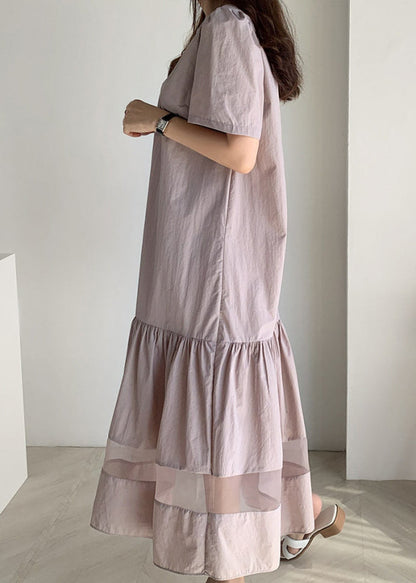 Classy Champagne O-Neck Wrinkled Tulle Patchwork Maxi Dress Short Sleeve LY2643 - fabuloryshop