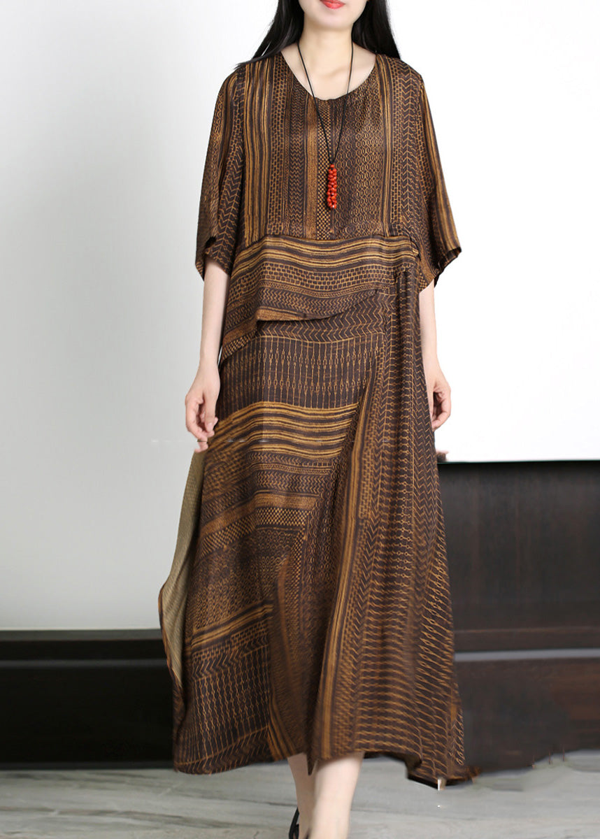 Classy Coffee Asymmetrical Striped Patchwork Silk Maxi Dresses Half Sleeve LY5146 - fabuloryshop