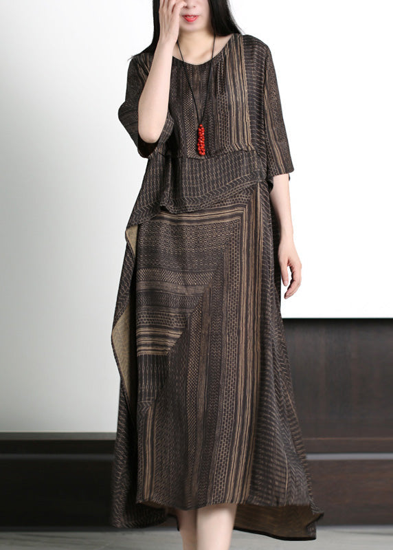 Classy Coffee Asymmetrical Striped Patchwork Silk Maxi Dresses Half Sleeve LY5146 - fabuloryshop