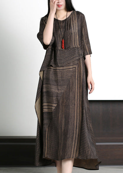 Classy Coffee Asymmetrical Striped Patchwork Silk Maxi Dresses Half Sleeve LY5146 - fabuloryshop