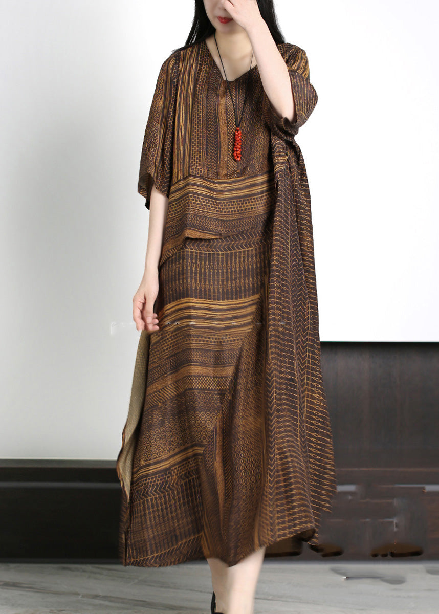 Classy Coffee Asymmetrical Striped Patchwork Silk Maxi Dresses Half Sleeve LY5146 - fabuloryshop