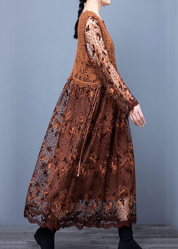 Classy Coffee Lace Embroideried Patchwork Dresses Spring LY0031 - fabuloryshop