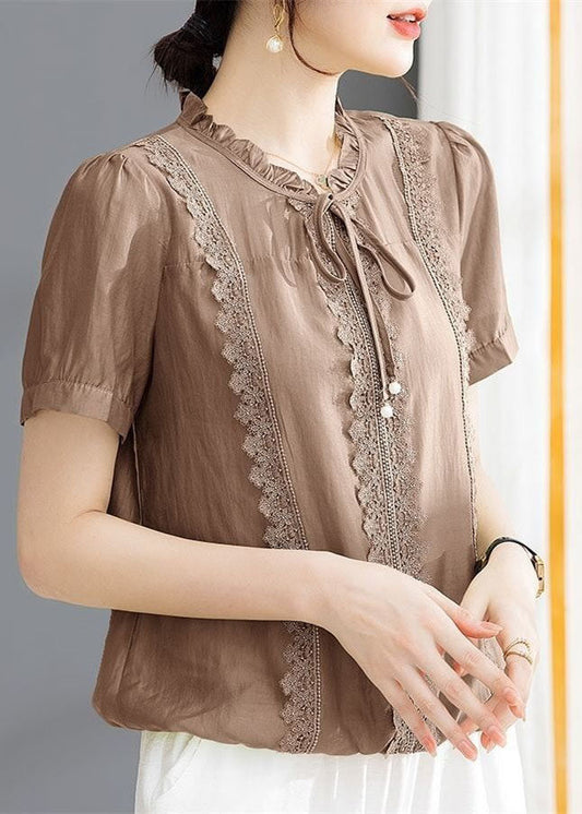 Classy Coffee Ruffled Lace Patchwork Cotton Blouse Tops Summer LY1473 - fabuloryshop