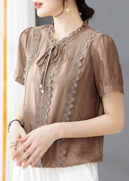 Classy Coffee Ruffled Lace Patchwork Cotton Blouse Tops Summer LY1473 - fabuloryshop