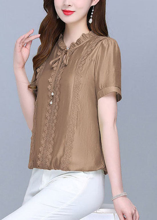 Classy Coffee Ruffled Lace Patchwork Cotton Blouse Tops Summer LY1473 - fabuloryshop