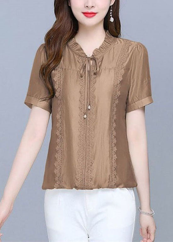 Classy Coffee Ruffled Lace Patchwork Cotton Blouse Tops Summer LY1473 - fabuloryshop