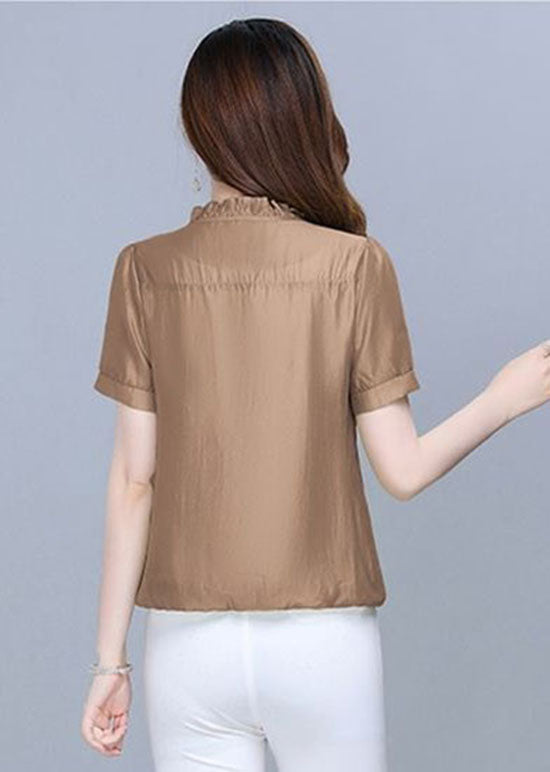 Classy Coffee Ruffled Lace Patchwork Cotton Blouse Tops Summer LY1473 - fabuloryshop