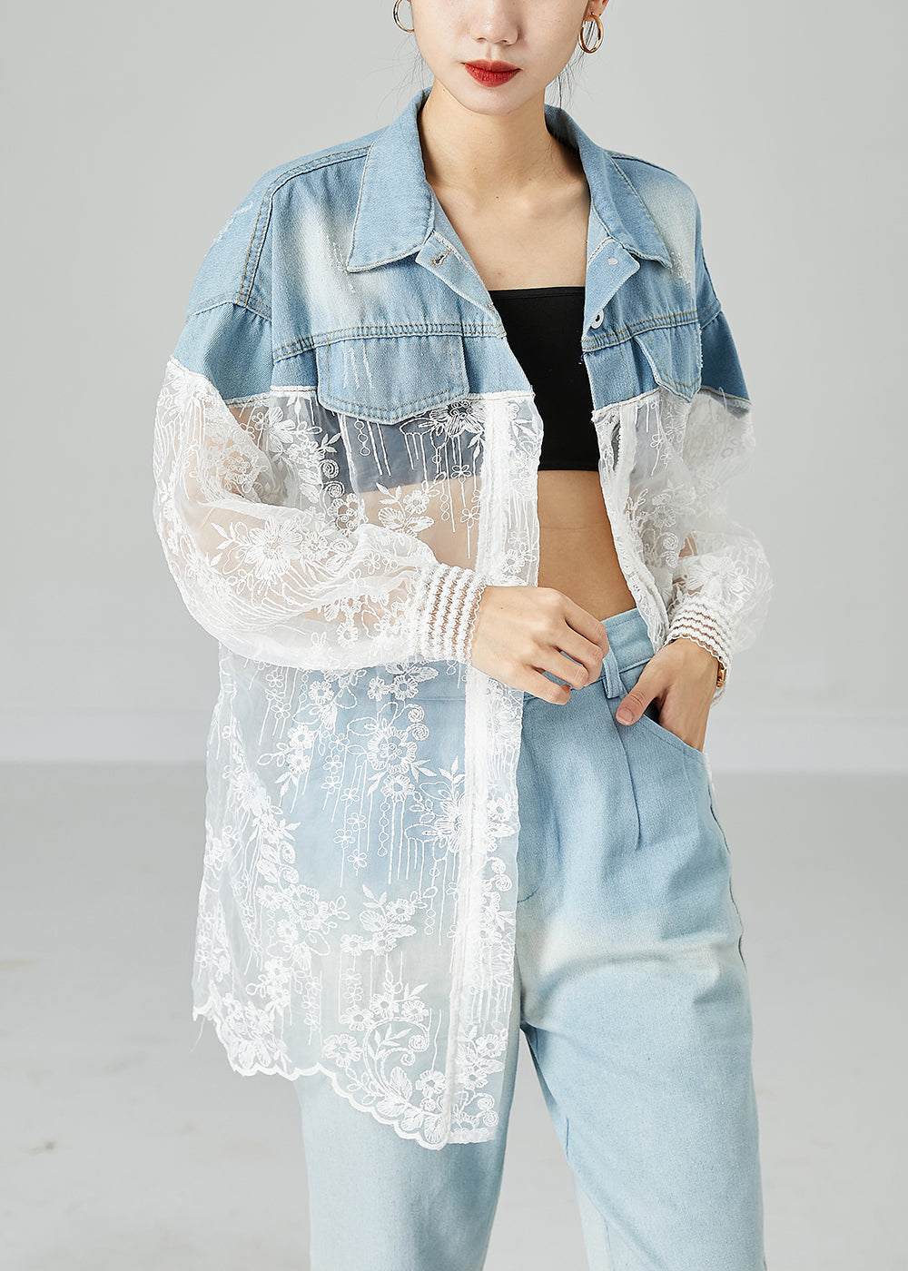 Classy Colorblock Embroideried Patchwork Hollow Out Denim Coat Outwear Summer LY2429 - fabuloryshop