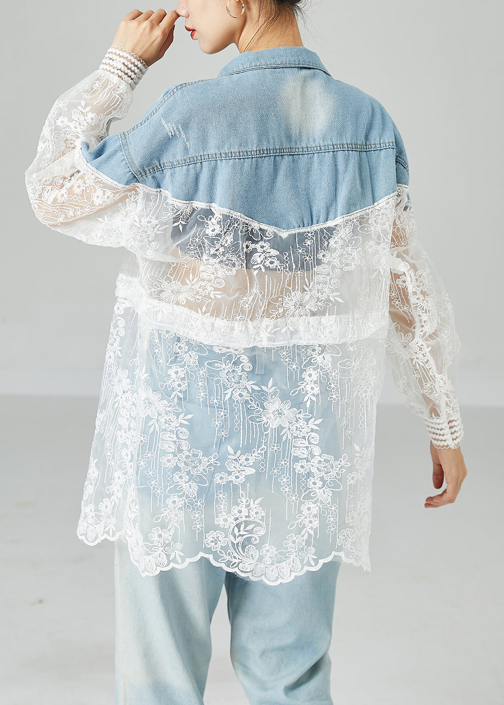 Classy Colorblock Embroideried Patchwork Hollow Out Denim Coat Outwear Summer LY2429 - fabuloryshop