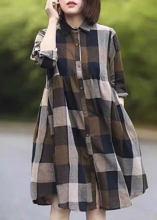 Classy Colorblock Peter Pan Collar Plaid Cotton Shirts Dress Spring LY0634 - fabuloryshop
