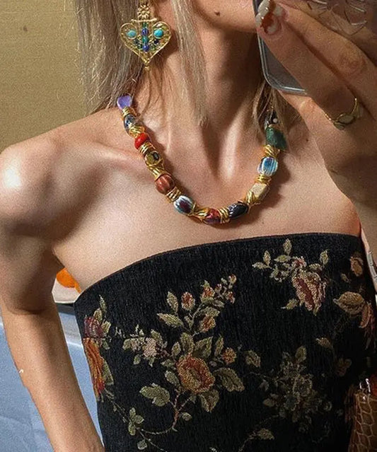 Classy Colorblock Sterling Silver Ceramic Patchwork Gratuated Bead Necklace Ada Fashion