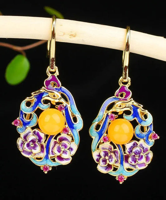 Classy Colorblock Sterling Silver Inlaid Beeswax Floral Drop Earrings Ada Fashion