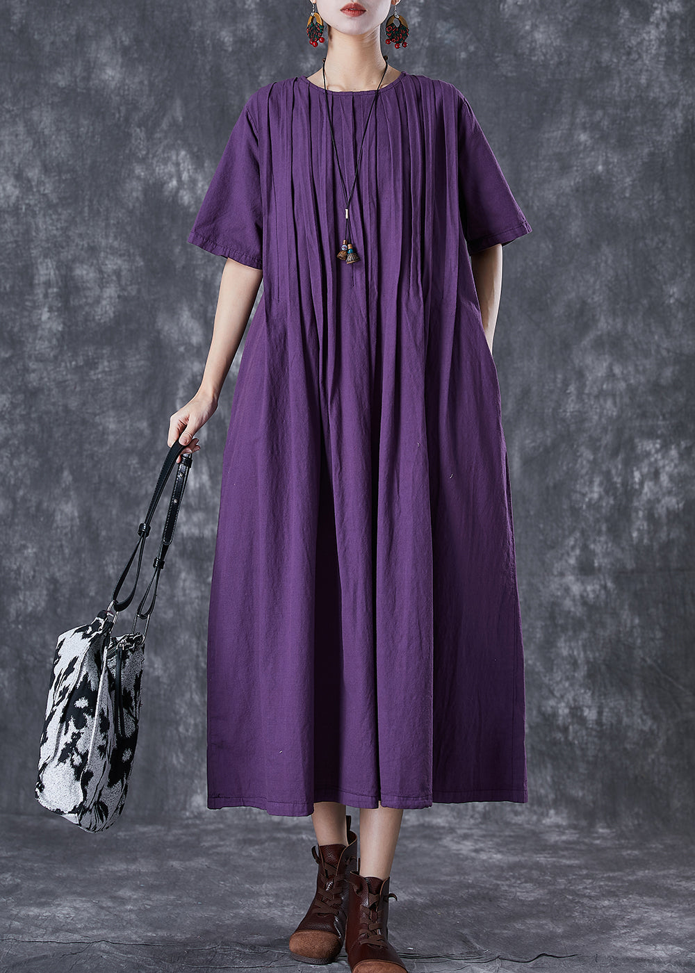 Classy Dark Purple Oversized Wrinkled Linen Robe Dresses Summer TD1021 - fabuloryshop