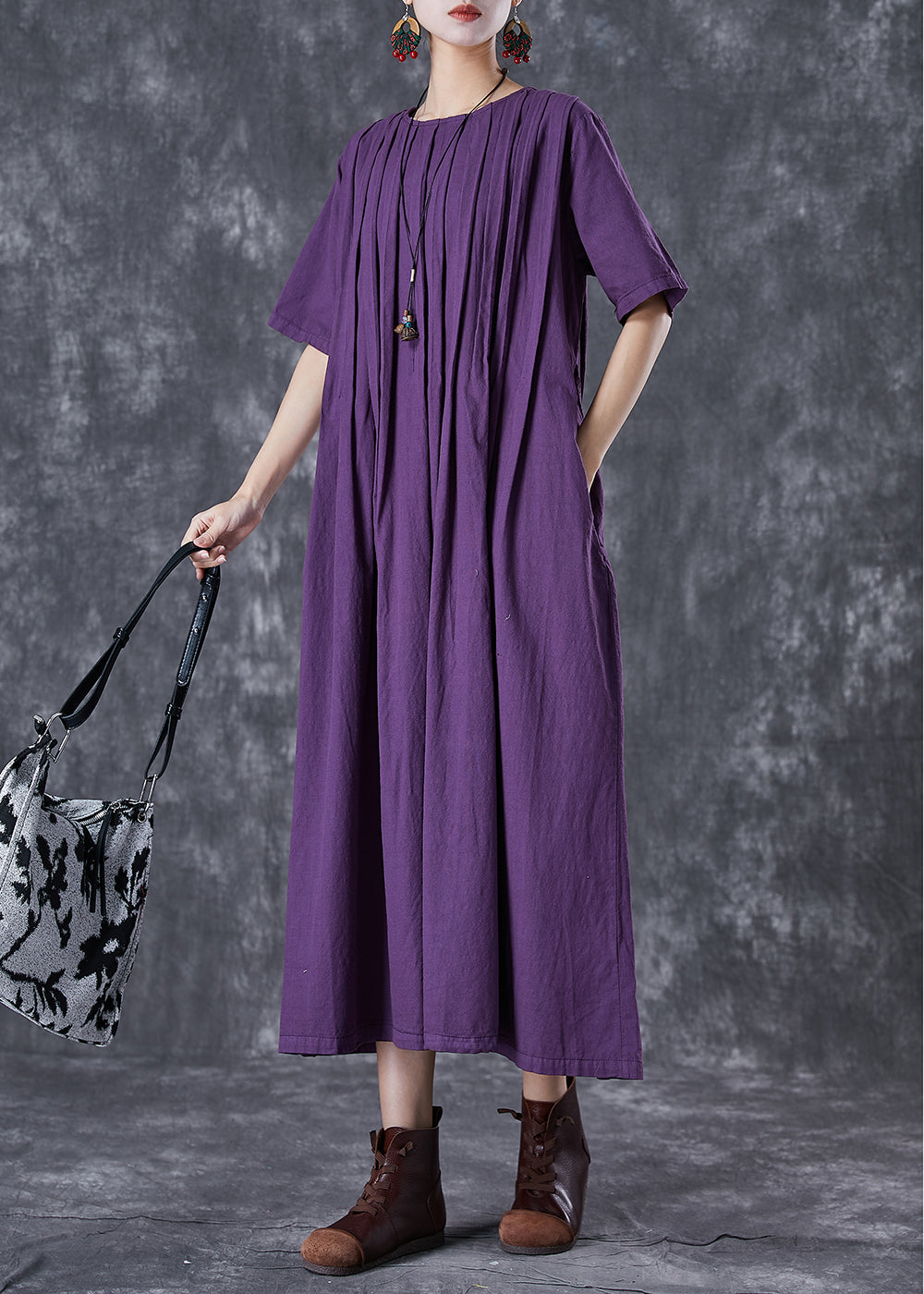 Classy Dark Purple Oversized Wrinkled Linen Robe Dresses Summer TD1021 - fabuloryshop